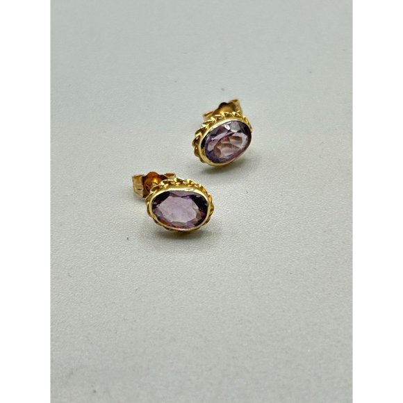 Vintage 14K Gold and Amethyst Earrings Studs Oval Bezel Sets Genuine Gemstones - Picture 6 of 9